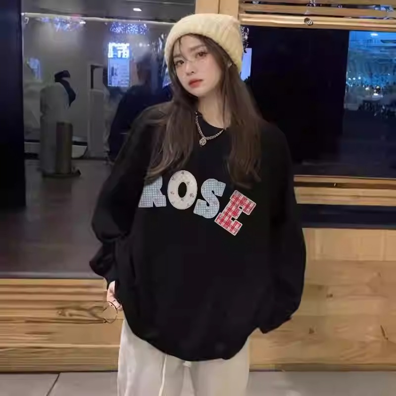 加绒重磅无帽卫衣女黑色宽松慵懒风圆领长袖上衣潮字母印花百搭