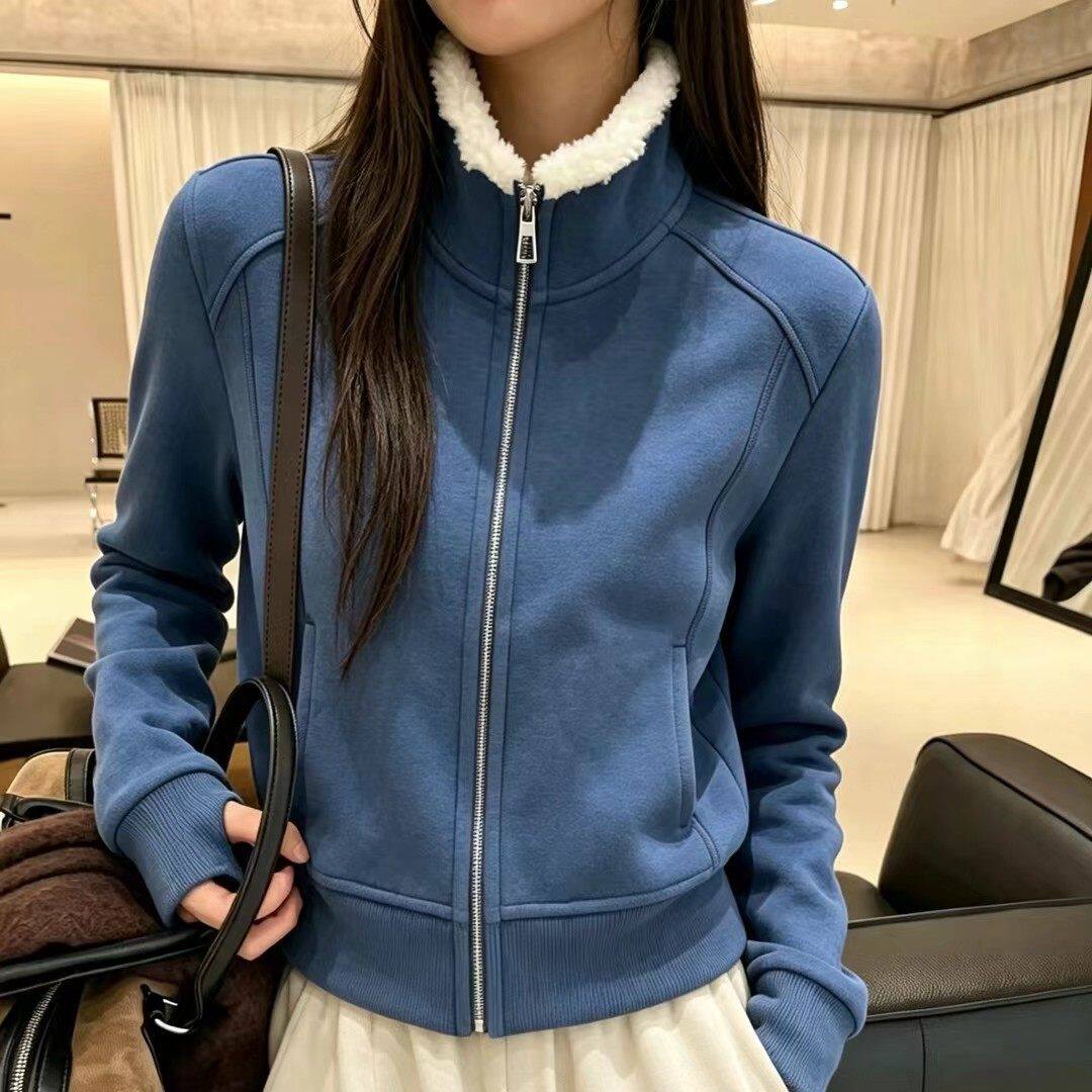时髦运动风羊羔绒立领加绒外套女蓝色拉链显瘦百搭短外套保暖休闲