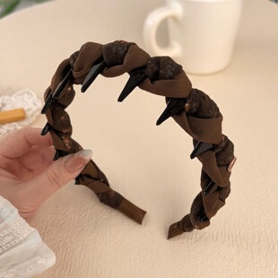 秋冬磨毛咖色碎花发箍女宽边带齿防滑外戴发卡发捆高颅顶时尚头箍