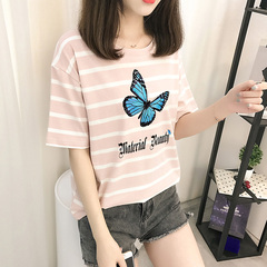 Net red butterfly T-shirt cotton loose large black and white stripe short sleeve T-shirt