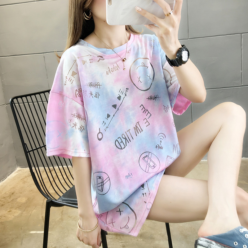 Summer net red gradient medium length loose large short sleeve shirt