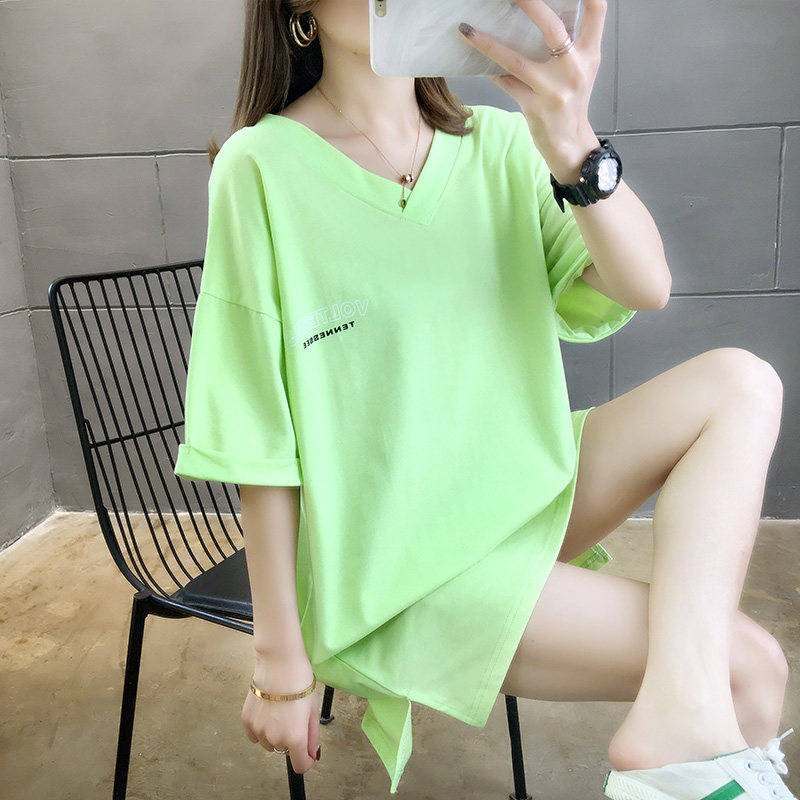 Real shot large size loose medium length collar short sleeve T-shirt women's pull frame