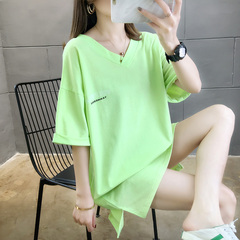 Real shot large size loose medium length collar short sleeve T-shirt women's pull frame