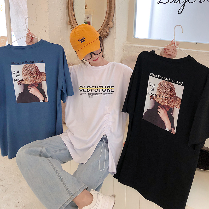 Real shot large women's Xinji top design sense fashionable printed drawstring half sleeve medium length T-shirt