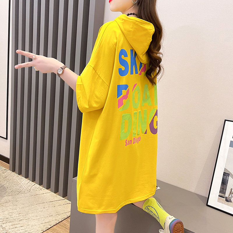 Real shot cotton cotton medium length short sleeve Hooded Sweater versatile top student women's T-shirt fashion