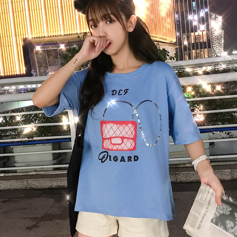 Real shooting summer Sequin T-shirt girl loose short sleeve student Cute Cotton