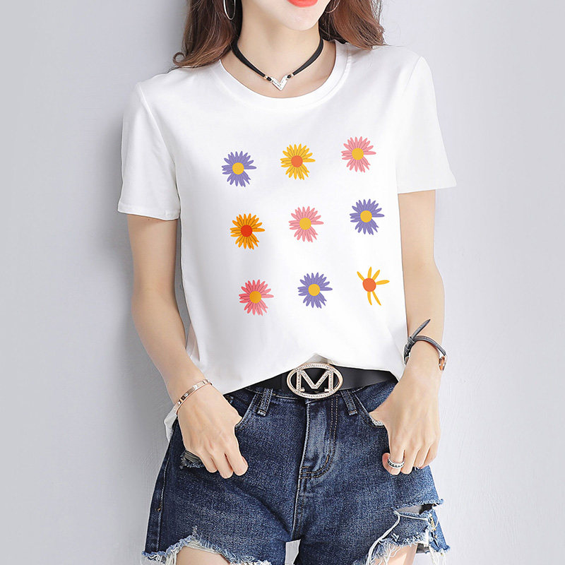 Cotton loose black and white daisy short sleeve T-shirt