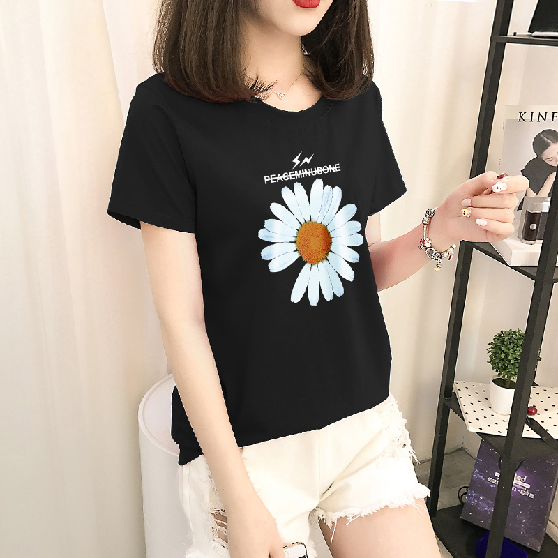 Spandex one color pure loose black and white small daisy short sleeve T-shirt girl