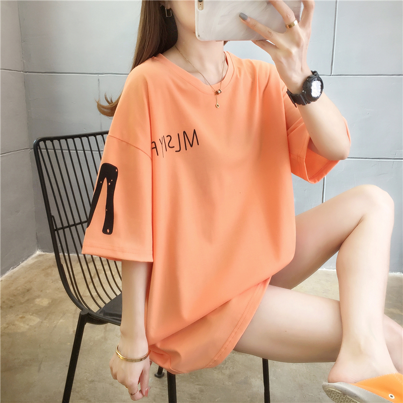 Real time pull frame large round neck medium length print loose short sleeve T-shirt