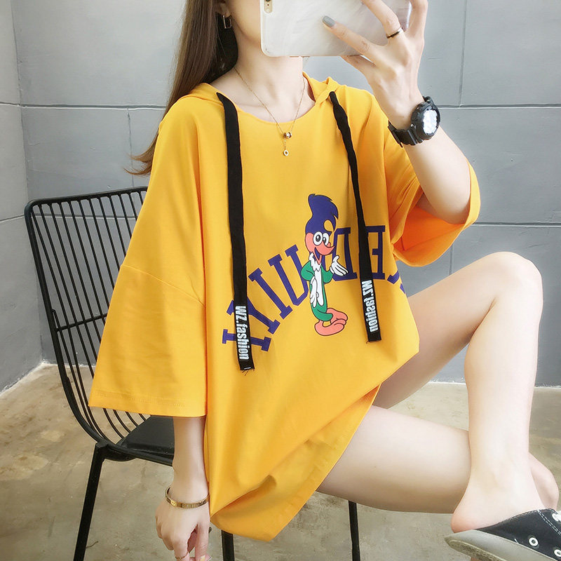 Summer loose hooded Cotton Short Sleeve Sweater versatile top student T-shirt