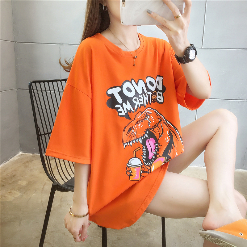 Real shot fat large round neck medium length loose short sleeve letter T-shirt