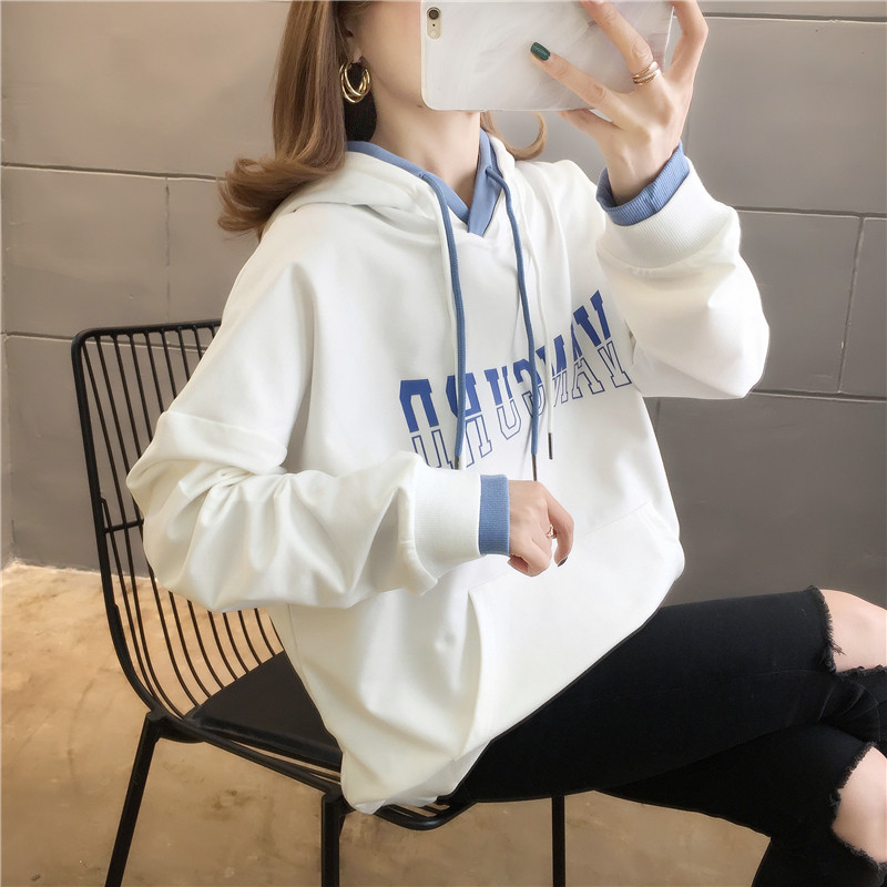 Real shot Korean spring and autumn loose and thin hooded printed Mini sweater