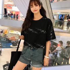 Real shot shiny mesh loose medium long fake two piece short sleeve T-shirt women's cotton