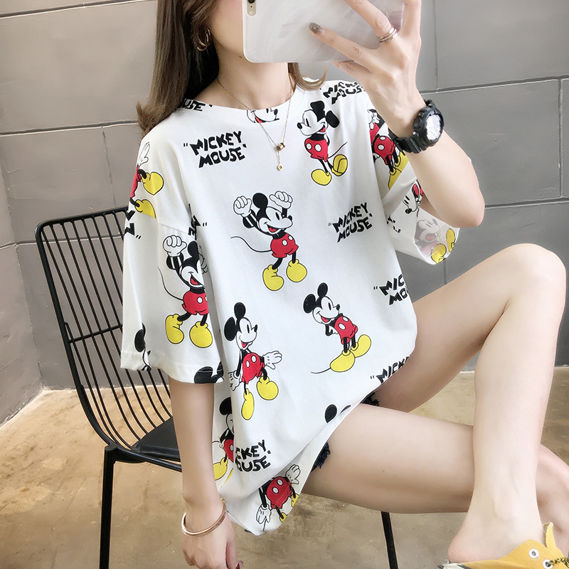 Real shooting summer new loose size cartoon short sleeve T-shirt women's pull frame