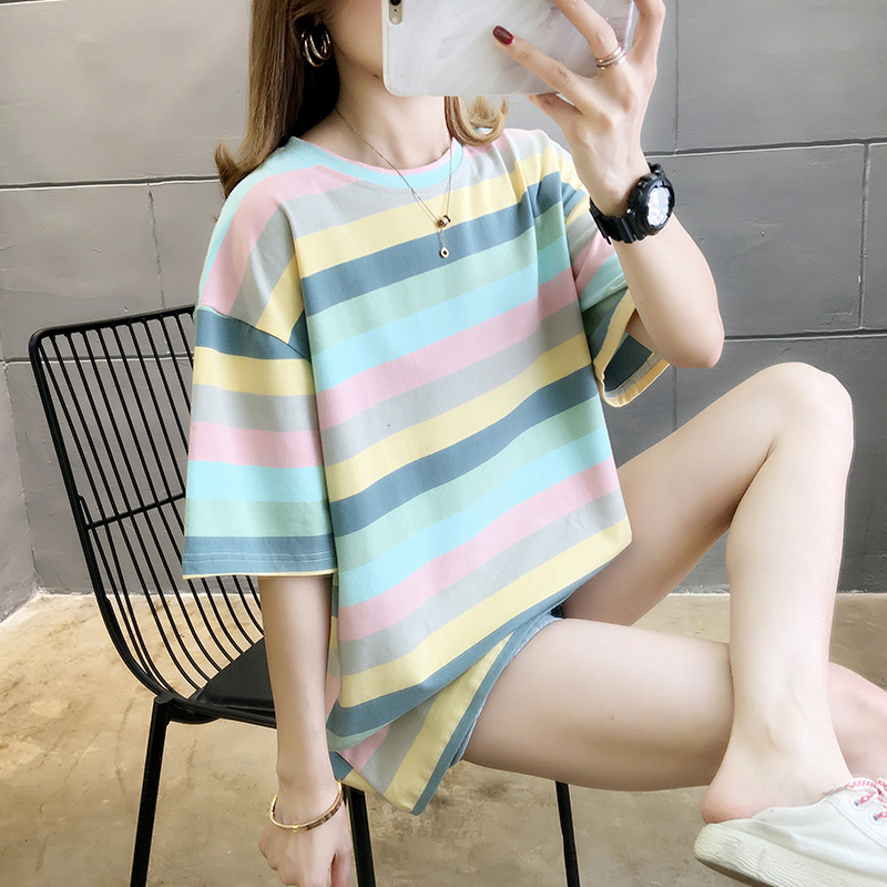 Real shot summer pure Rainbow Stripe student short sleeve t-shirt female spandex