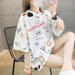 Real shooting summer new loose large round neck medium length short sleeve T-shirt pull frame