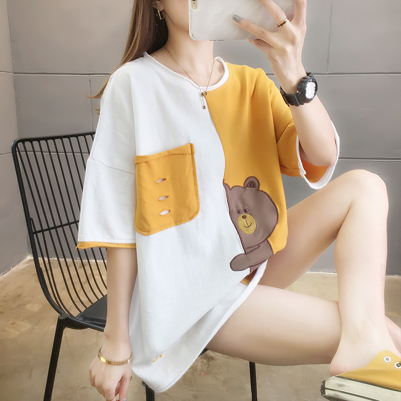 Real shot cotton summer new color matching cartoon embroidery pocket round neck short sleeve T-shirt