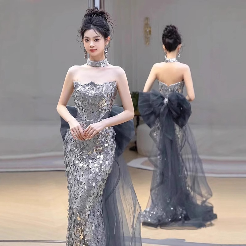 亮闪银色收腰鱼尾抹胸礼服新娘结婚敬酒服宴会演出主持人婚纱礼服