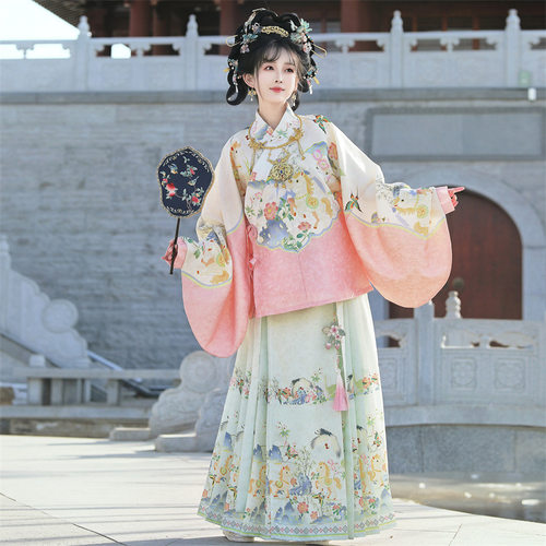 汉虞葵踏马迎春明制原创汉服女通袖提花交领上衣大明贵女马面裙套