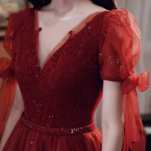 酒红色平时可穿礼服裙女宴会气质结婚衣订婚裙 敬酒服新娘2024新款