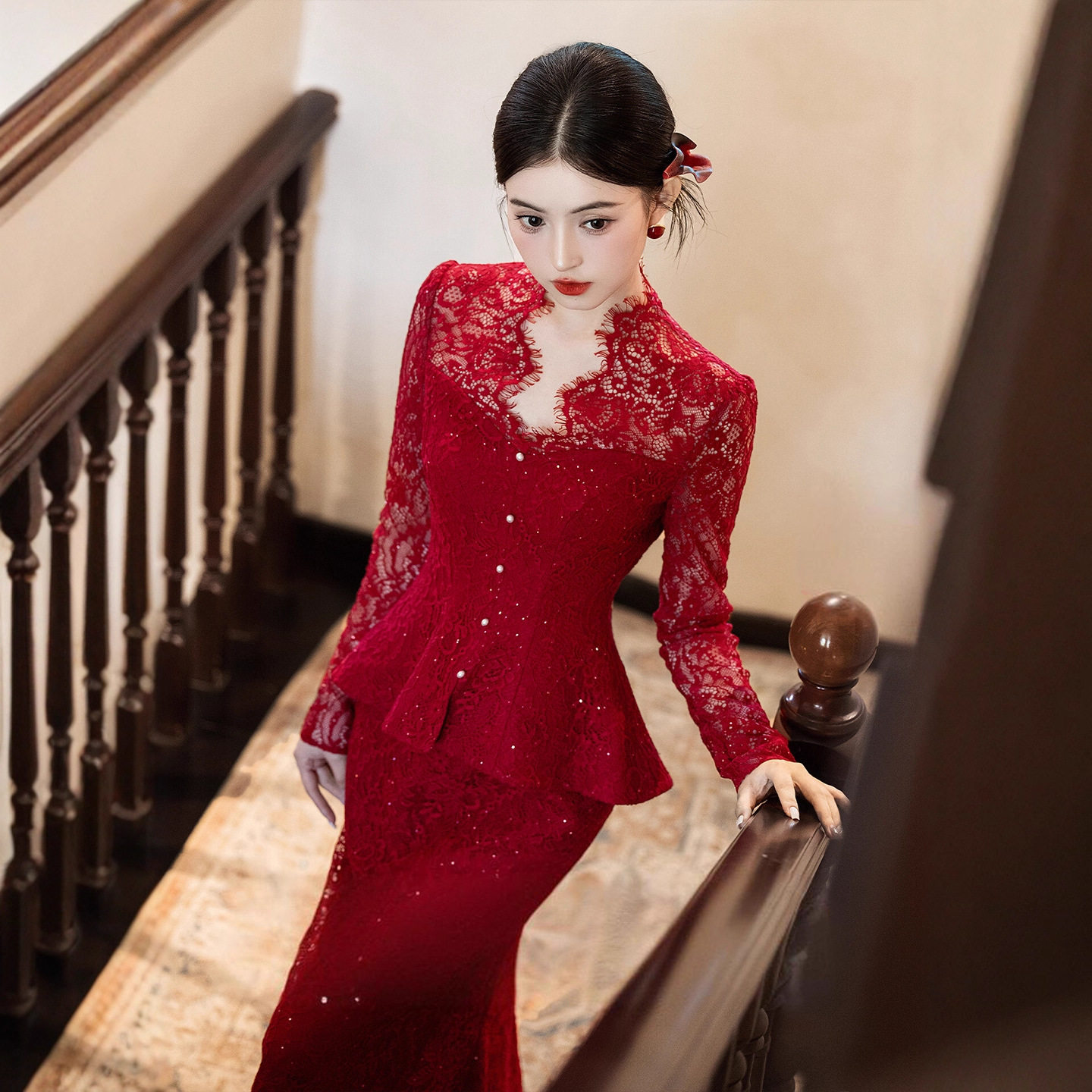 新中式敬酒服新娘酒红色两件套装订婚回门结婚晚礼服晨袍领证