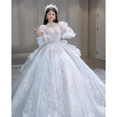 主纱女 新娘高端大拖尾重工奢华长袖 法式 蓝色在逃公主婚纱2025新款