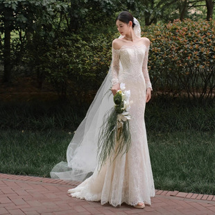 新娘轻婚纱一字肩蕾丝法式复古长袖绝美迎宾纱出阁宴会鱼尾晚礼服