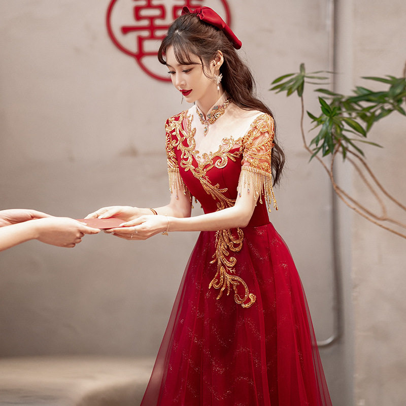 中式敬酒服新娘跨境感结婚回门当天便装酒红色秋季订婚礼服女