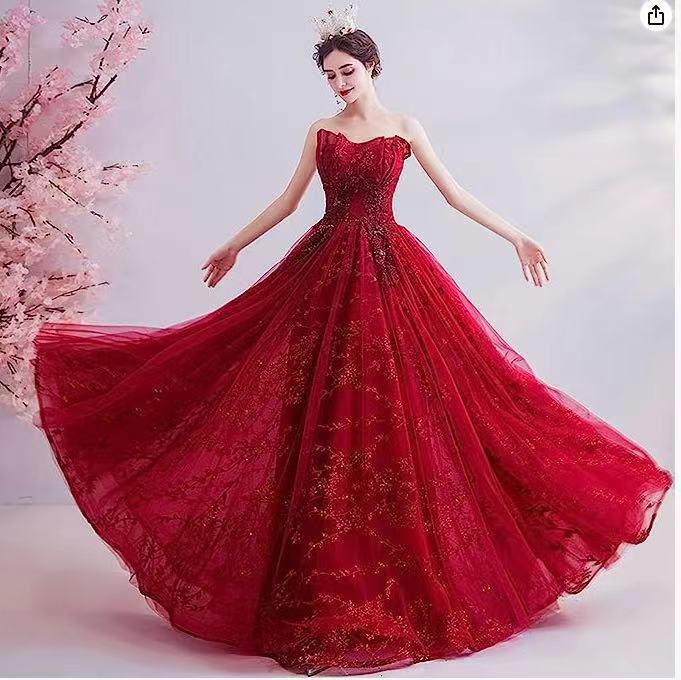 新娘敬酒服抹胸2025新款显瘦结婚红色高贵大气高端晚礼服网纱女秋