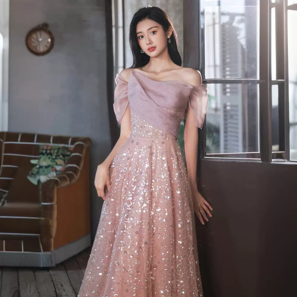 亮片晚礼服2025年春季新款名媛订婚粉色气质裙女伴娘主持艺考