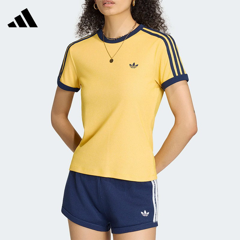 Adidas阿迪达斯女子修身圆领套头T恤潮流撞色条纹短袖上衣KS9990