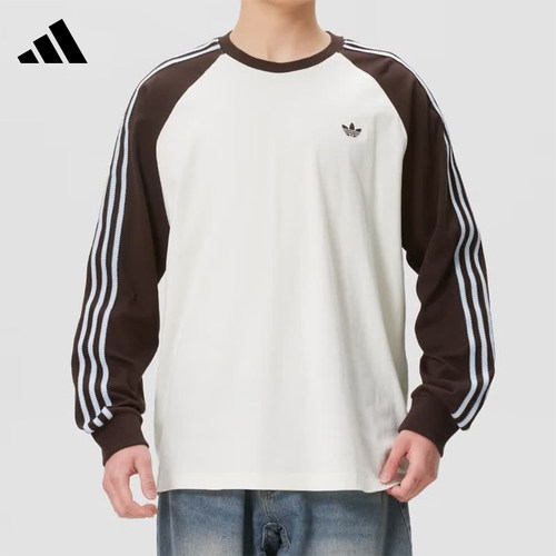 Adidas阿迪达斯三叶草男子纯棉T恤上衣宽松三条纹圆领长袖HZ3829