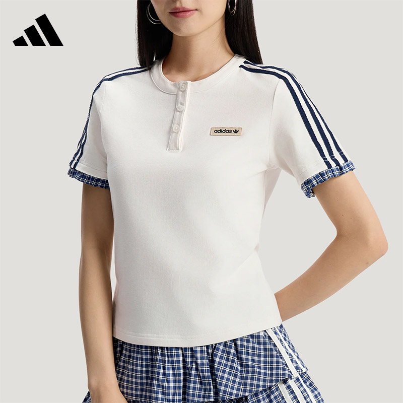阿迪达斯三叶草女短袖时尚格子POLO衫运动休闲T恤半袖上衣KU9392
