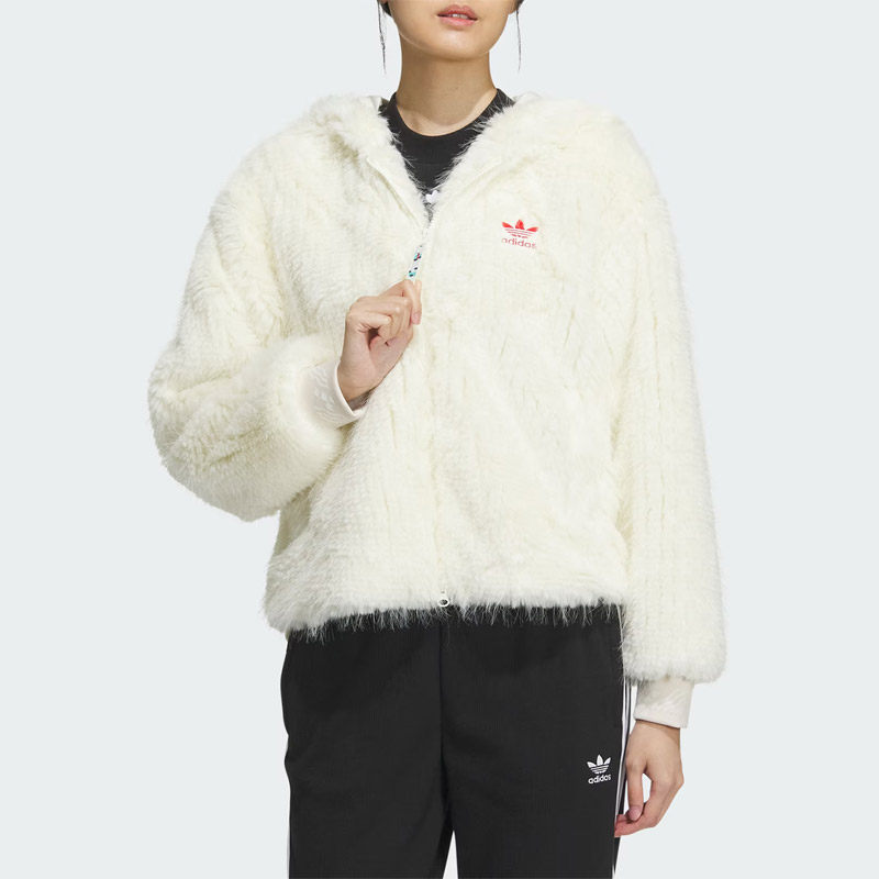 Adidas阿迪达斯2024春款女子CNY时尚连帽人造毛皮运动外套IX4226