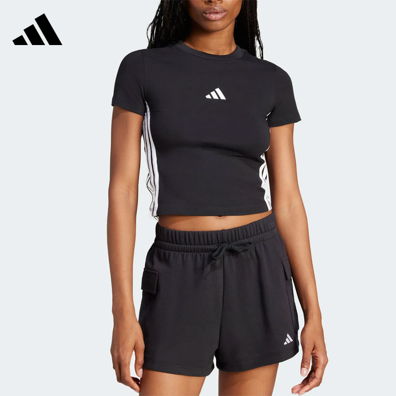 Adidas阿迪达斯三条纹女短袖短款修身运动休闲T恤圆领上衣 JC8325