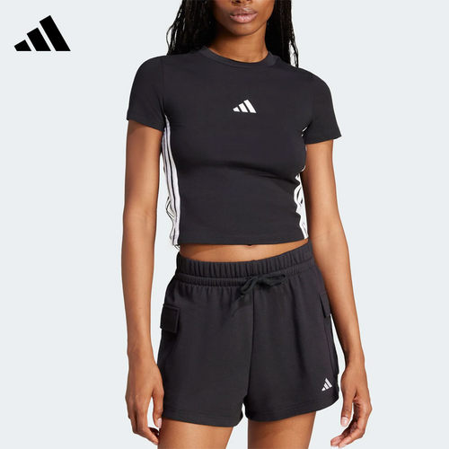 Adidas阿迪达斯三条纹女短袖短款修身运动休闲T恤圆领上衣 JC8325