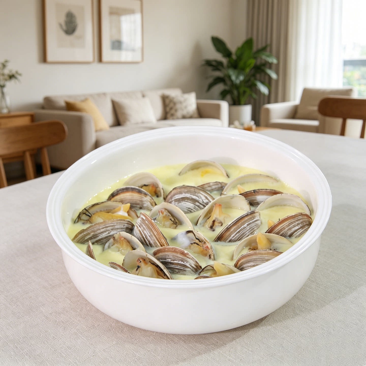 纯白折沿盘浅式蒸蛋碗骨瓷深盘家用蛤蜊炖蛋盘餐厅专用陶瓷蒸菜碗 - 实物图