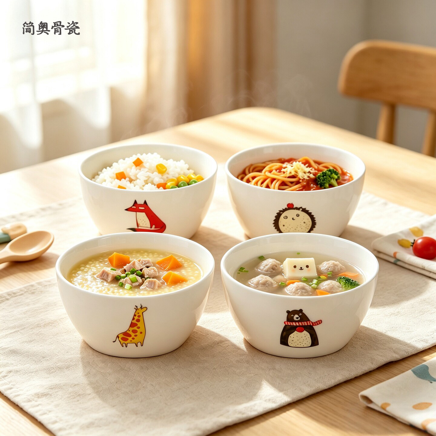 卡通动物陶瓷碗家用可爱高颜值米饭汤碗4件套餐具骨瓷碗