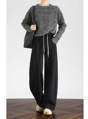 FAESlN【冬暖王炸】灰色高腰运动裤加长宽松阔腿卫裤垂感休闲裤