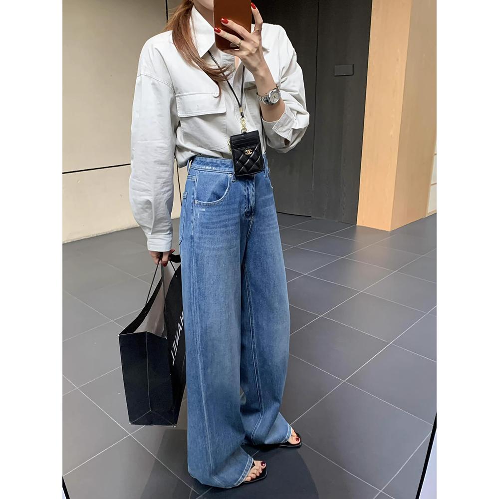 Boyiyiyi三衣牛仔裤女2025早春新款正蓝色阔腿裤垂感拖地裤66266