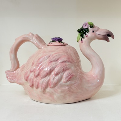 出口单Cracker Barrel手绘陶瓷粉火烈鸟茶壶摆件家居装饰品微瑕