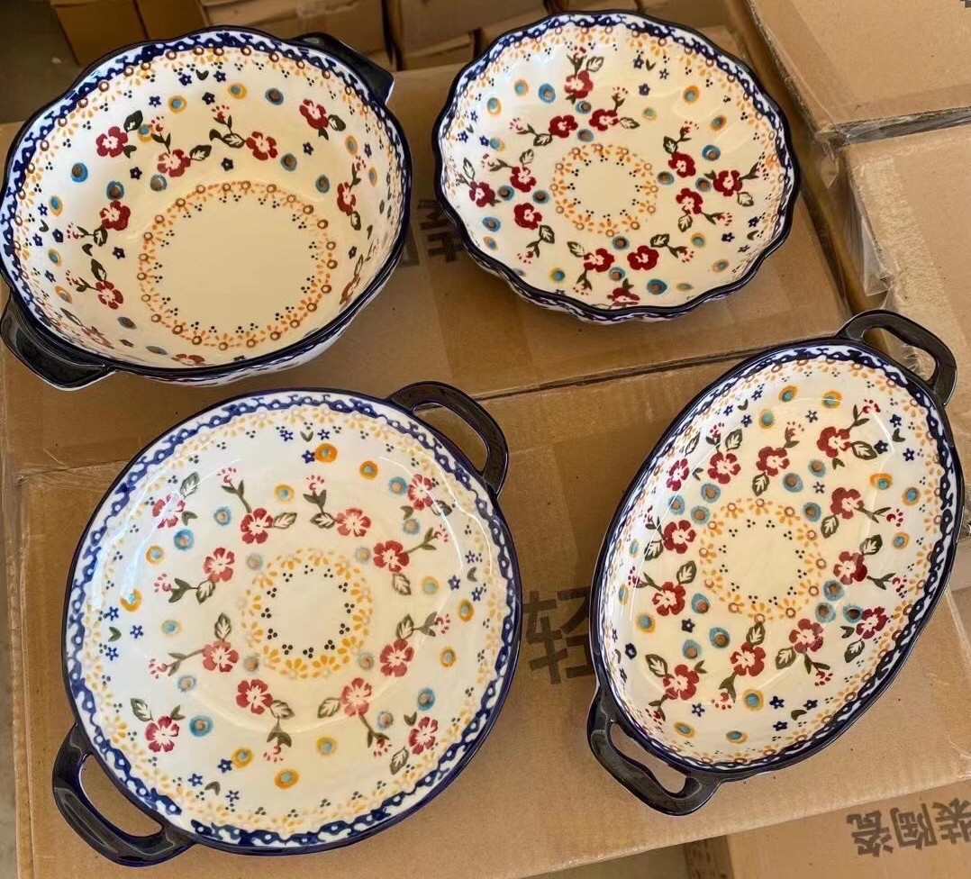 波兰风彩绘外贸出口手绘红梅花宫粉系列陶瓷餐具方盘花边双耳盘