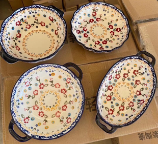 波兰风彩绘外贸出口手绘红梅花宫粉系列陶瓷餐具方盘花边双耳盘