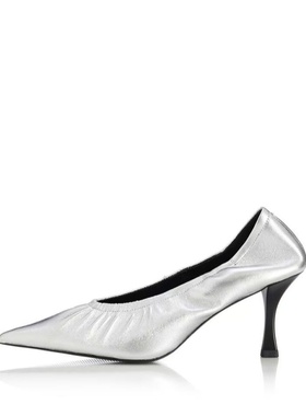 ALIAS MAE 2025进口水牛皮设计师手工褶皱尖头浅口细跟高跟单鞋