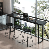 阳台黑色实木吧台桌自然边长条桌办公休闲高脚桌靠窗吧台桌椅组合