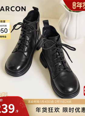 意尔康女鞋2025冬季皮鞋复古真皮休闲马丁靴粗跟英伦加绒保暖短靴