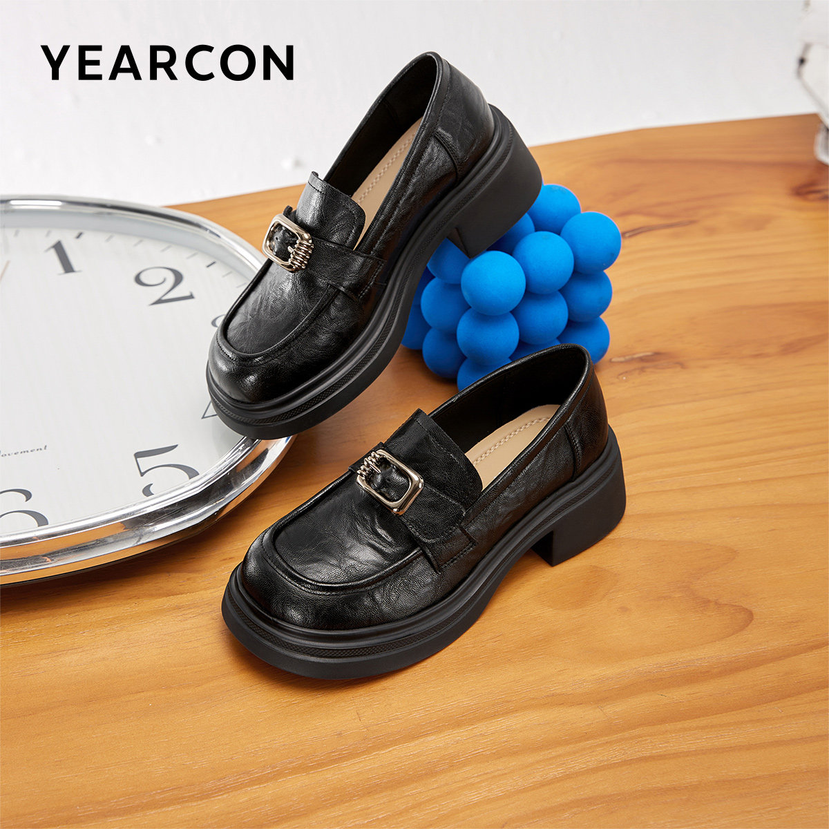 意尔康女鞋春秋季通勤小皮鞋单鞋英伦风乐福鞋高跟厚底配裙子