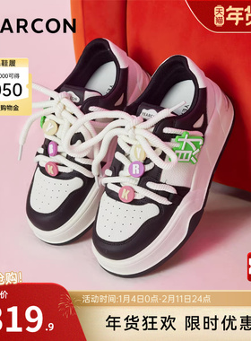 意尔康女鞋春秋季时尚休闲板鞋百搭厚底面包鞋英伦风单鞋红色