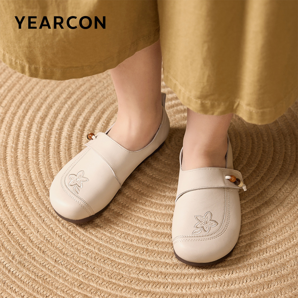 意尔康女鞋2026春季新款大码真皮乐福鞋平底休闲单鞋中老年妈妈鞋