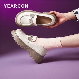 厚底小皮鞋 意尔康女鞋 女士英伦风真皮乐福鞋 休闲粗跟单鞋 春秋季